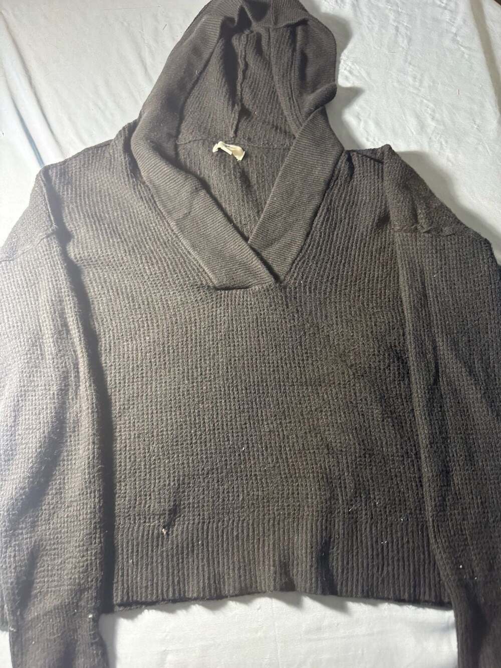 Aerie V-Neck Hooded Waffle Knit Sweater Black